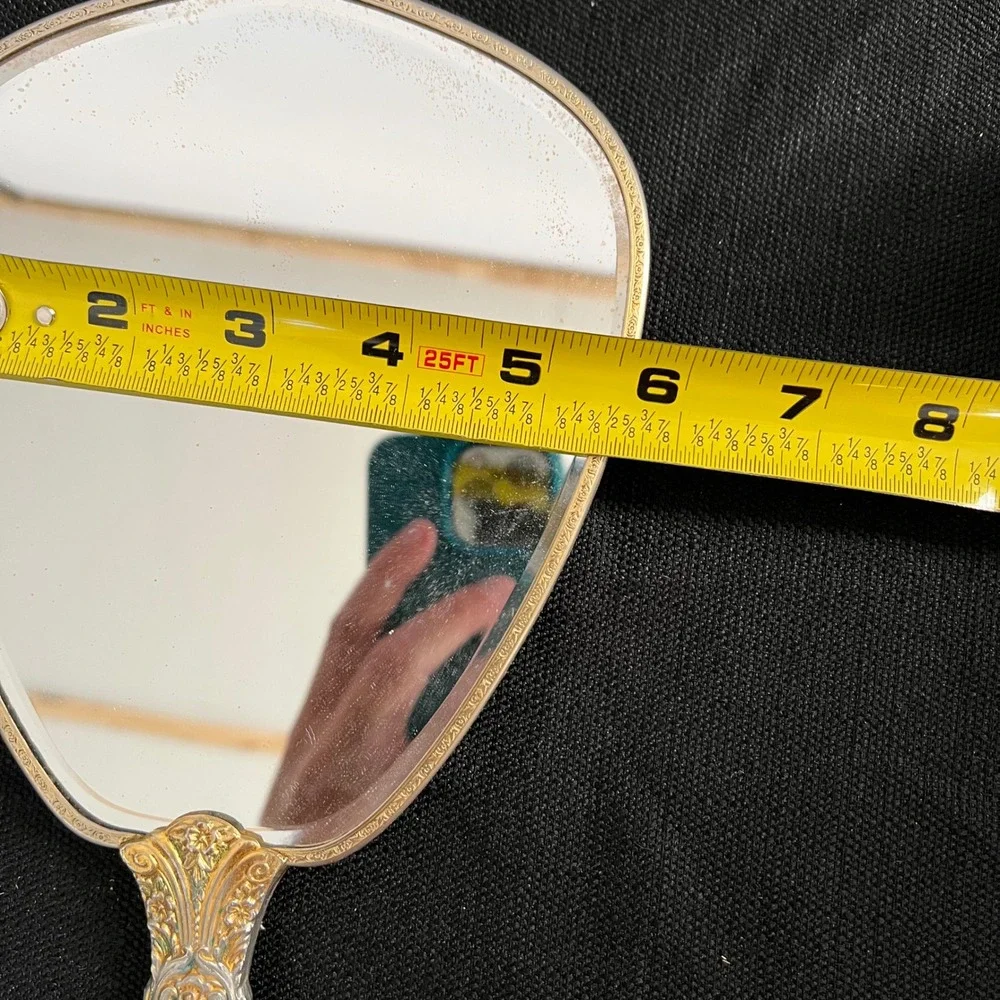 Vintage Gold Filigree Hand Mirror Embroidered Peach Fabric Tulip Victorian Style